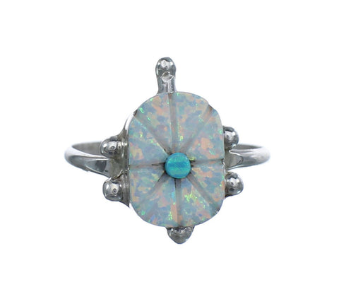 Native American Blue and White Opal Sterling Silver Turtle Ring Size 7-3/4 JX124213